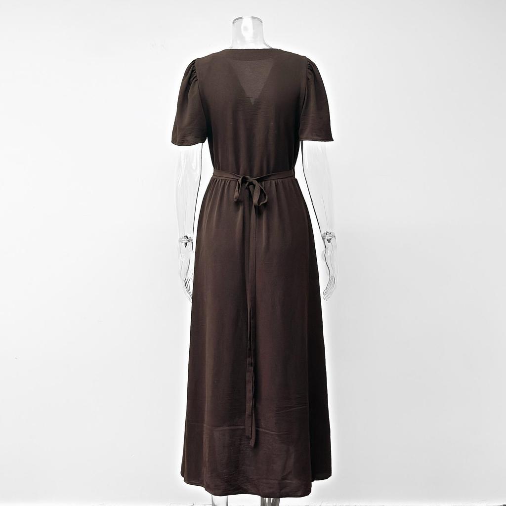 Elegant V-Neck Summer Evening Dress with Cinched Waist and Slit, Short Sleeve