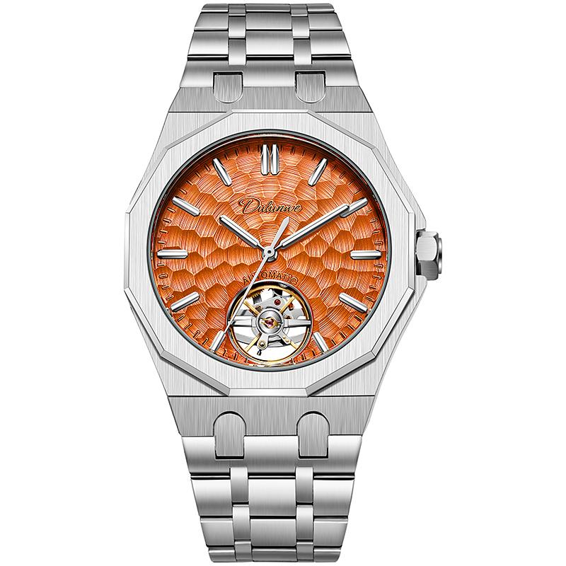 Luxury Octagon Automatic Watch for Men Textured Blue Dial Hollow Mechanical Wristwatch Steel Waterproof Tourbillon Mens Watch