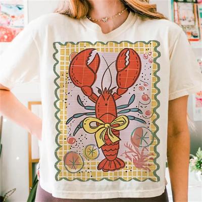Women's New Crayfish Fun Pattern Travel Style Short Sleeve 90s Printed Cartoon Casual O-Neck Top Fashionable Regular T-Shirt