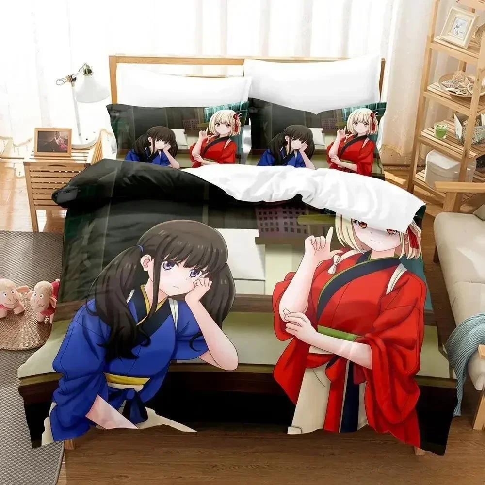 Lycoris Recoil Bettwäsche-Set, Einzel-, Zwillings-, Voll-, Queen- und King-Size-Bettset, Schlafzimmer für Erwachsene und Kinder, Bettbezug-Set, 3D-Anime-Bettlaken-Set