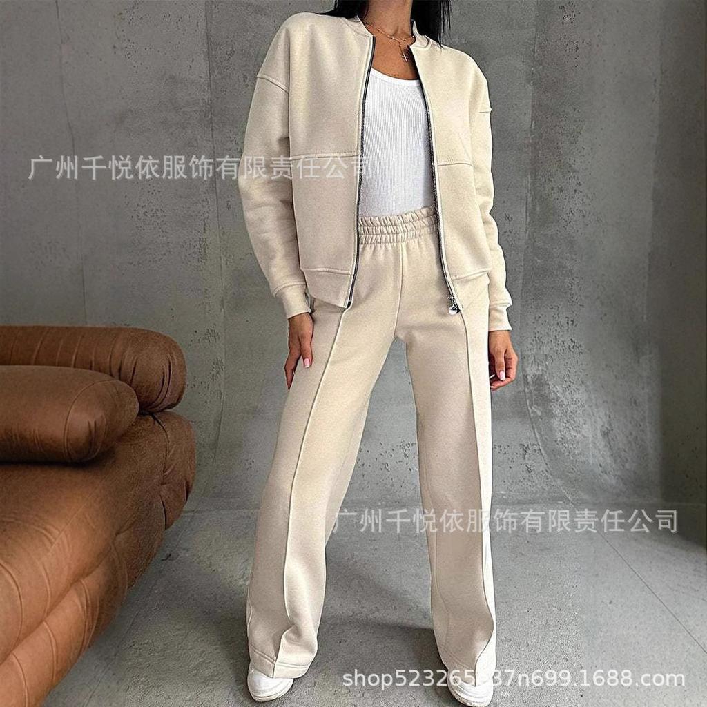 2024 Spring and Autumn Sweater Two-piece Women's Clothing European and American Cross-border Trend Fashion Casual Zipper Cardigan Trousers