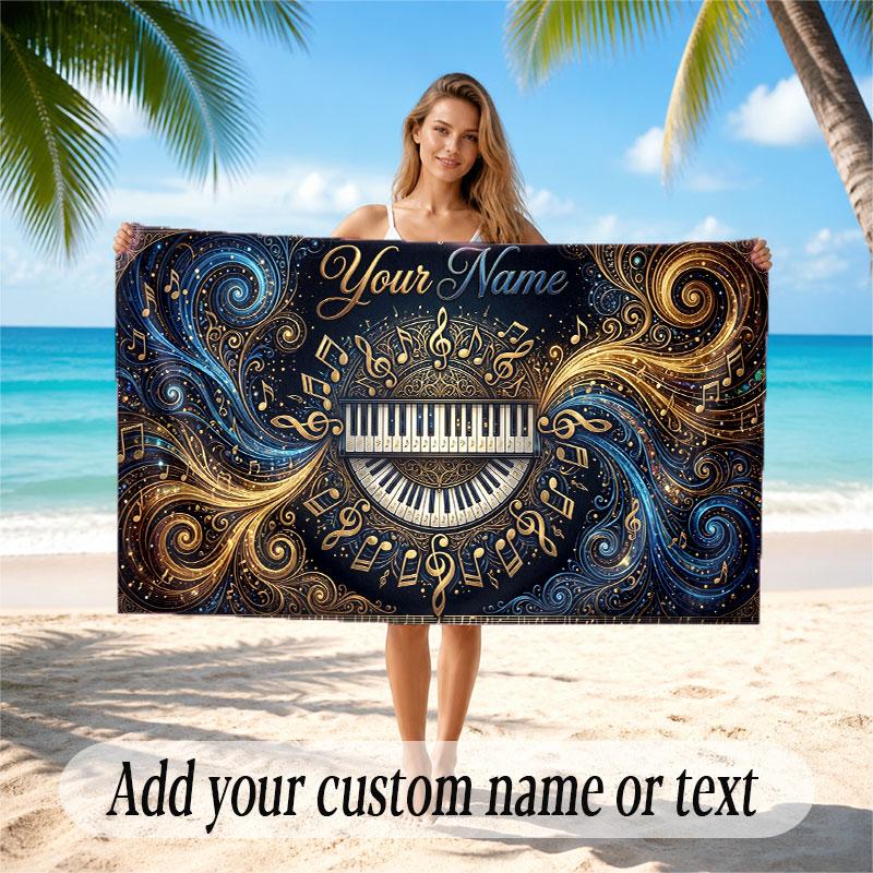 Music Piano Theme Beach Towel Personalized Custom Name & Text Soft Quick Dry Beach Towel for Swimming Travel