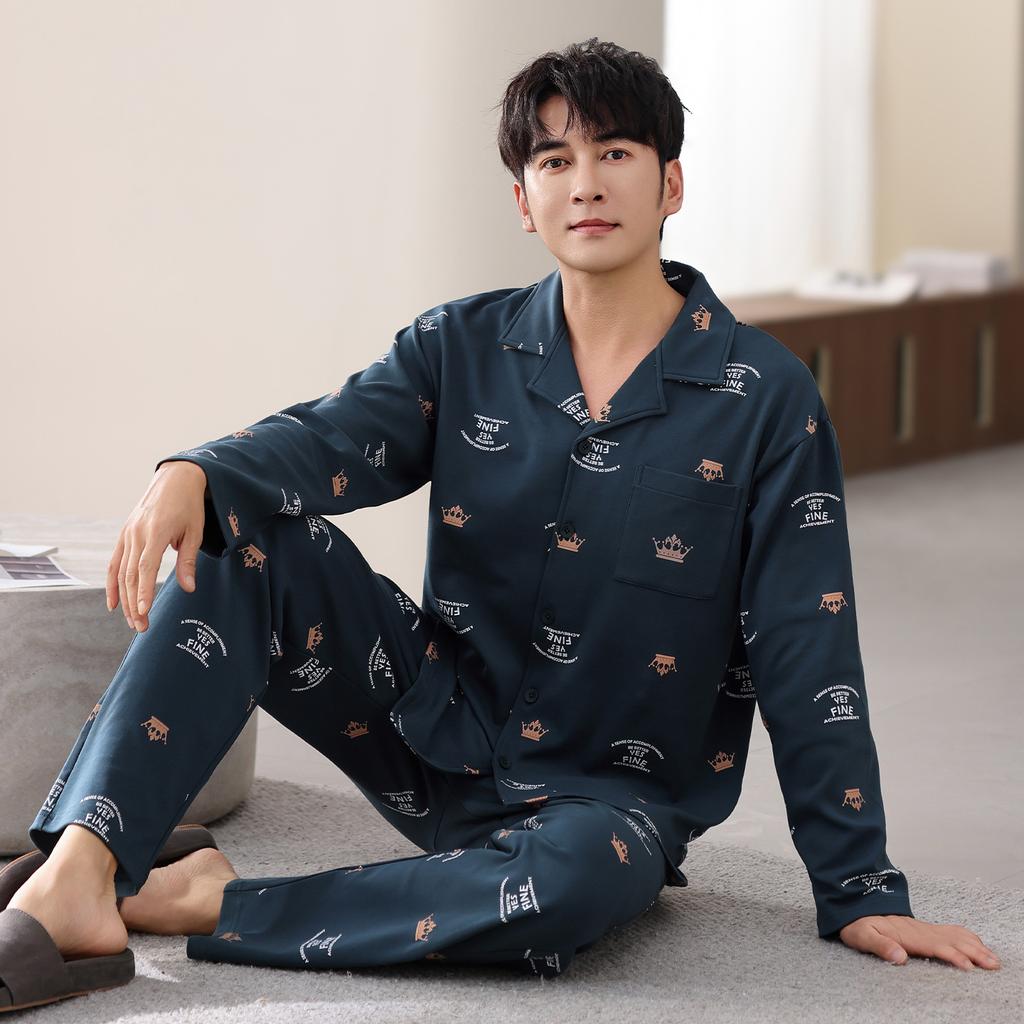 Pure Cotton Pajamas Men'S Spring And Autumn Long-Sleeved Trousers Set Autumn And Winter Thin Large-Size Cardigan Loungewear