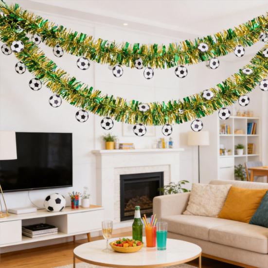 78.7" Soccer Tinsel Garland, Green And Gold Football Party Decoration with Soccer Cutouts for Event, Fan Cheering, Sports Birthday Party Supplies