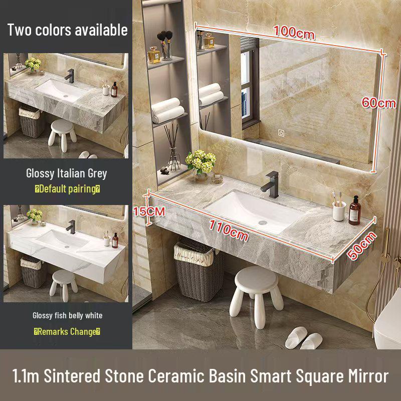 Modern Minimalist Sintered Stone Washbasin Set with Seamless Ceramic Sink, Bathroom Cabinet, and Mirror Storage Cabinet