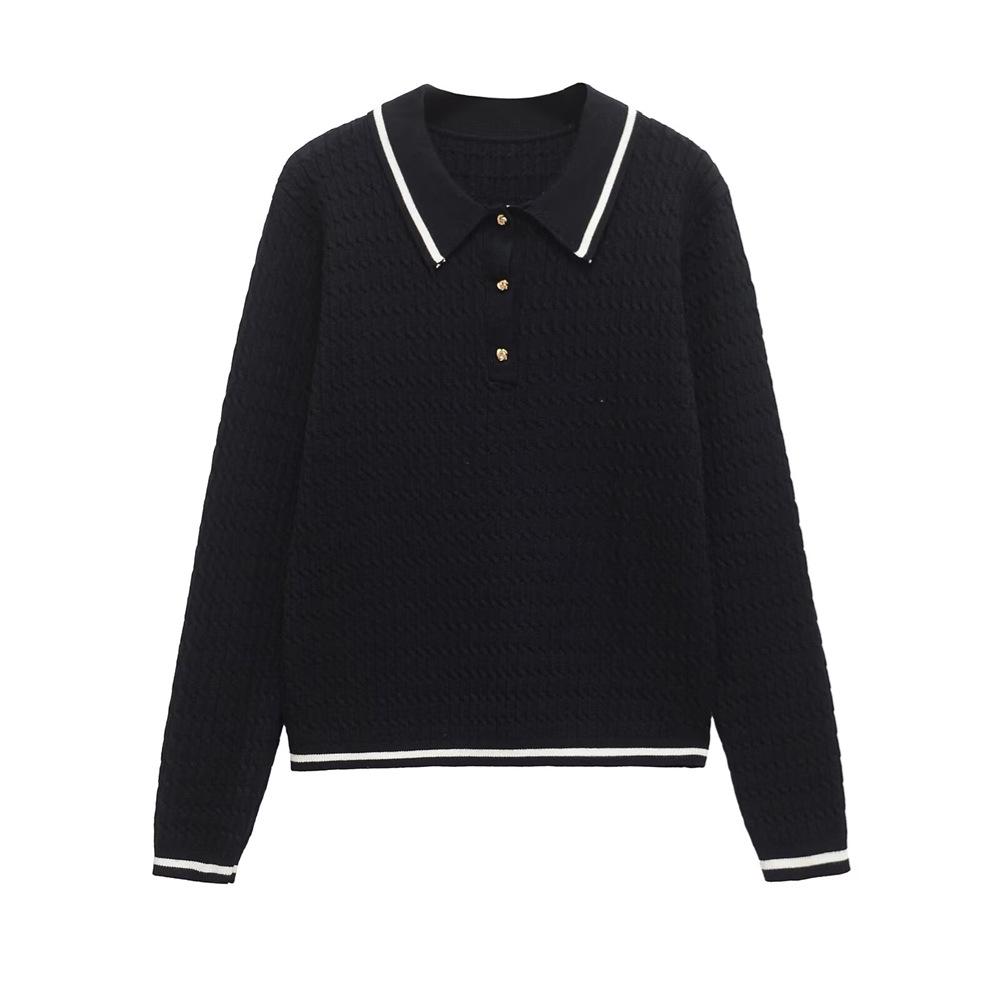 

Женский трикотажный топ ПОЛО с длинным рукавом и отделкой в стиле колор-блок, весна 2025 Medium чёрный