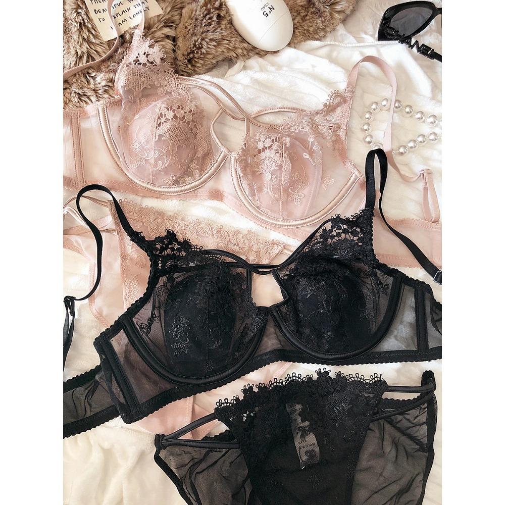 Sexy Duté Dámske Spodné Prádlo Čipkovaná Kvetinová Výšivka Francúzsky Ultra Tenký Košíček Push Up Podprsenka Set Nastaviteľné Ramienka Podprsenka Nohavičky Sety