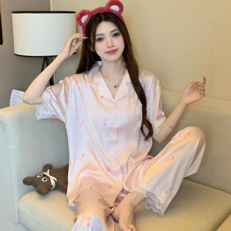 Ice Silk Pajamas Female Cute Wind Bear Summer High-End Cartoon Short-Sleeved Trousers Loungewear