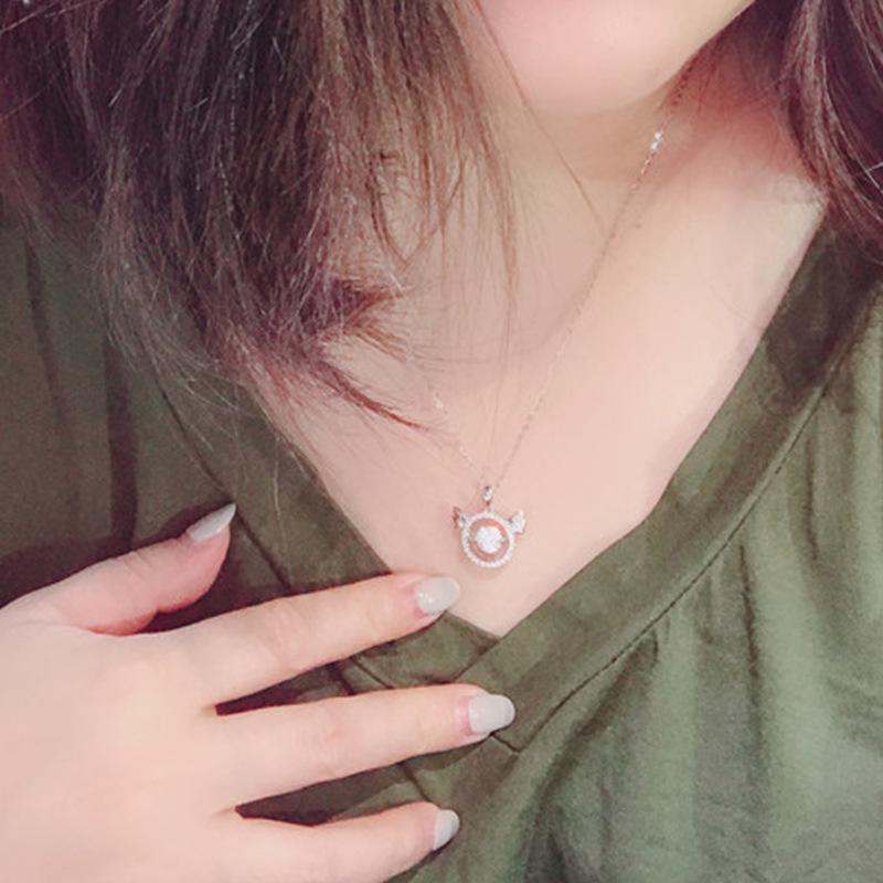 Silver Plated Devil Wing Moving Stone CZ Pendant Necklace, Sparkling Halo Cable Chain Necklace for Women