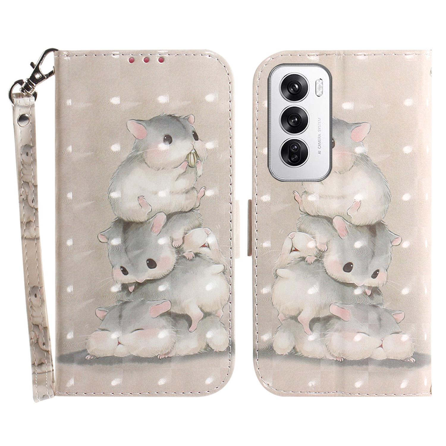 

For Oppo Reno12 5G (Global) Case Leather Wallet Phone Cover 3D Pattern Print Stacking Squirrels
