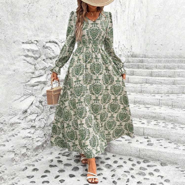 Women Floral Print V-neck Long Sleeve A-Line Dress Spring Summer Casual Elastic High Waist Ankle-Length Dresses