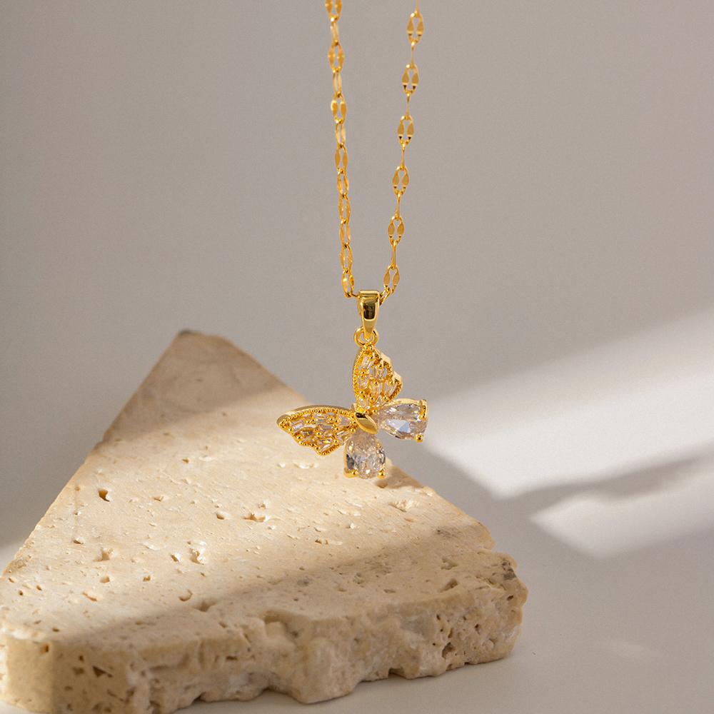 Youthway Stainless Steel  Pvd Gold Plated White Zircon Butterfly Pendant Necklace Waterproof Jewelry Gift