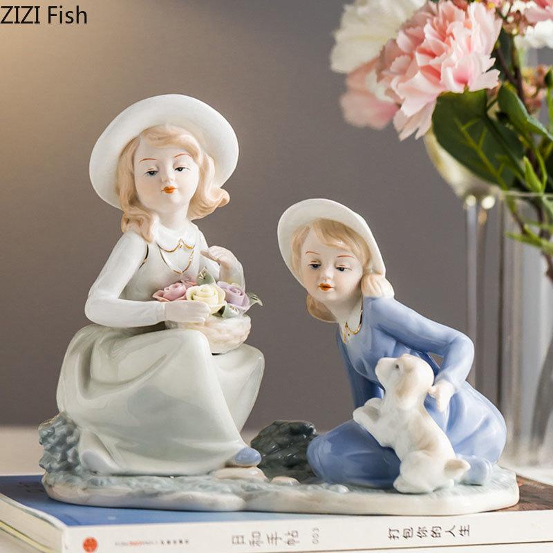 European Girl Character Ceramic Statue Desk Decoration Cute Girl Porcelain Crafts Painted Figures Sculpture Modern Home Decor