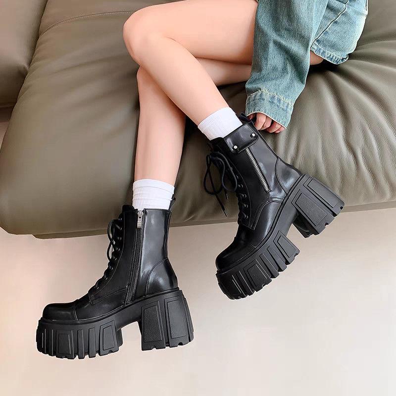 

Супермягкие ботинки Мартин в британском стиле на шнуровке: Толстая подошва, Универсальные, Коллекция Осень 2025 - Легко зрелые повседневные ботильоны. 35 чёрный