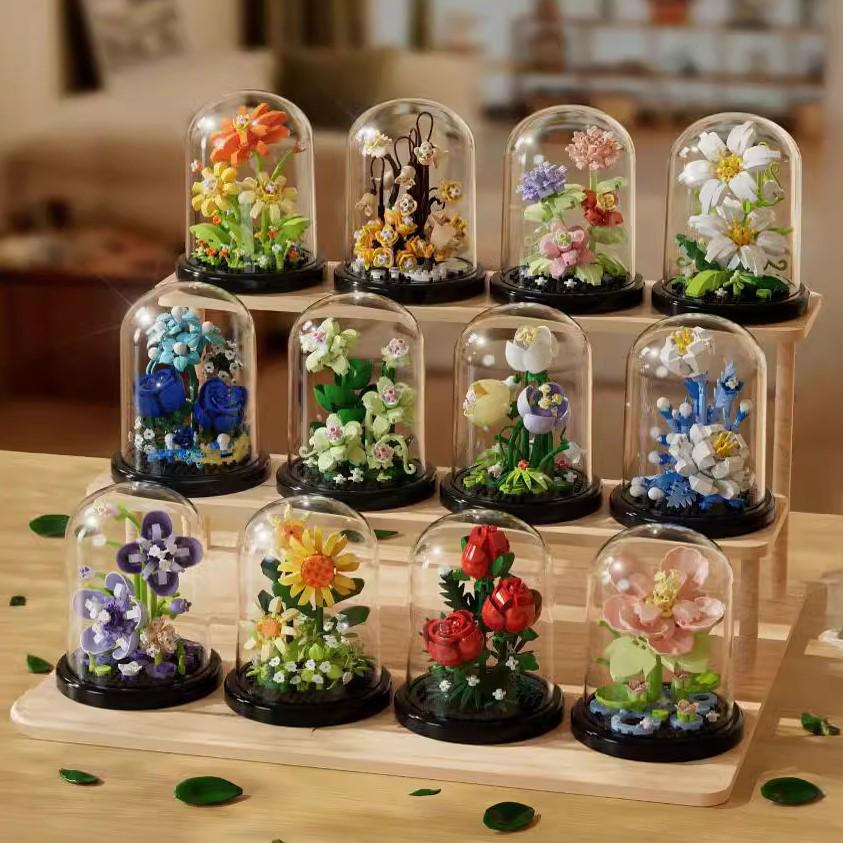 Preserved Flower Gift: Sunflower & Rose with Cover - Building Block Ornament for Boys & Girls