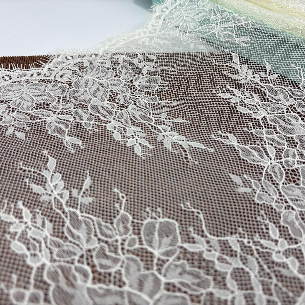 1.5m X 26cm French Chantilly Lace, Non-stretch Ivory Eyelash Mesh Lace Fabric for Sewing, Bra, Underwear, Lingerie, Dress, Garment, Crafting