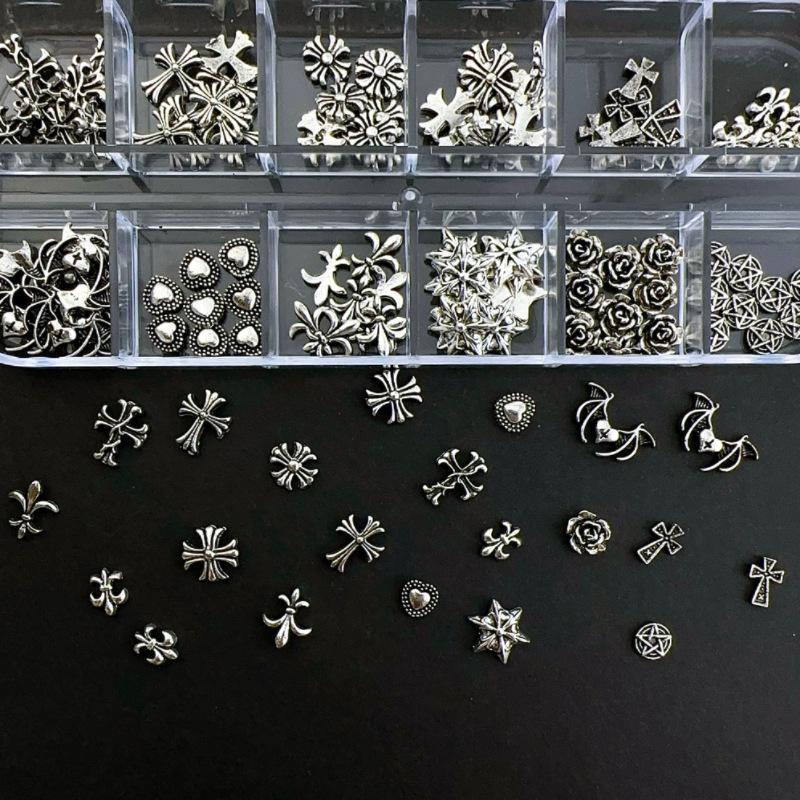 120pcs/1 Box European American Dark Vintage Style Cross Nail Art Patch Premium Metal Style Heart Nail Metal Decorment Set