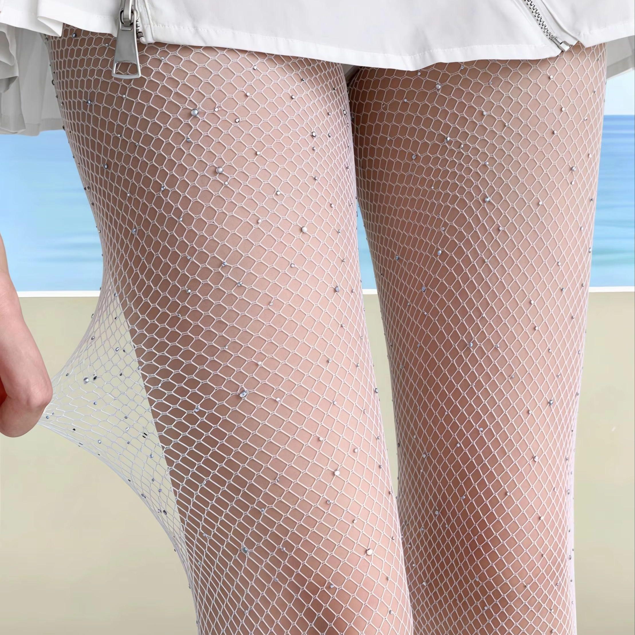 Damen Weiß Strass Glänzend Fischernetz Strumpfhose Hohe Elastizität Vintage Elegant Sexy Trendig Netz Strumpfwaren Für Dates Und Partys 1XL gray