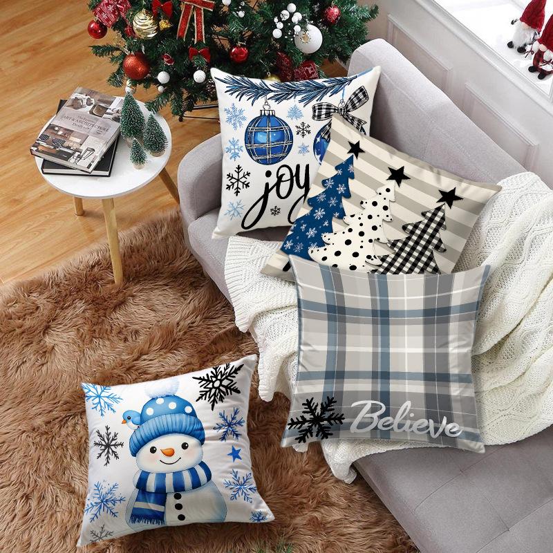 New Blue Christmas Pillow Case Cute Snowman Super Soft Printed Home Sofa Holiday Decoration Pillow Case