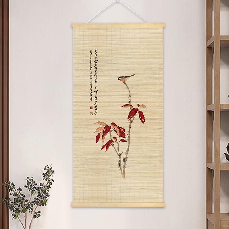 1pc Chinese Style Printed Bamboo Curtain Painting Decorative Scroll Painting Homestay Bamboo Weaving Painting Home Decoration