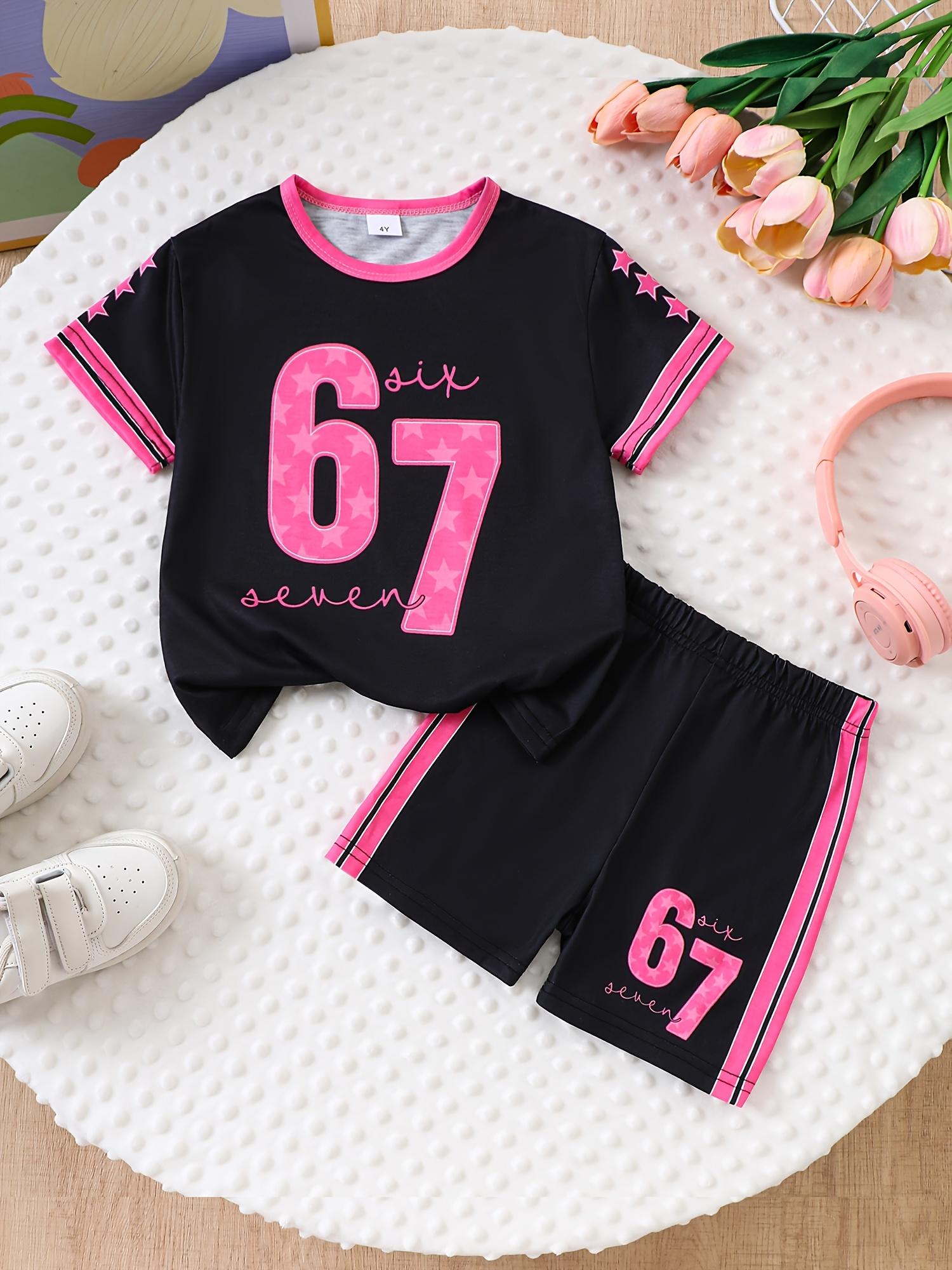 Kids Girls 2 Piece Outfit Short Sleeve Shorts Set with 67 Number Star Pattern Color Block Summer Casual Wear 4Y чёрный