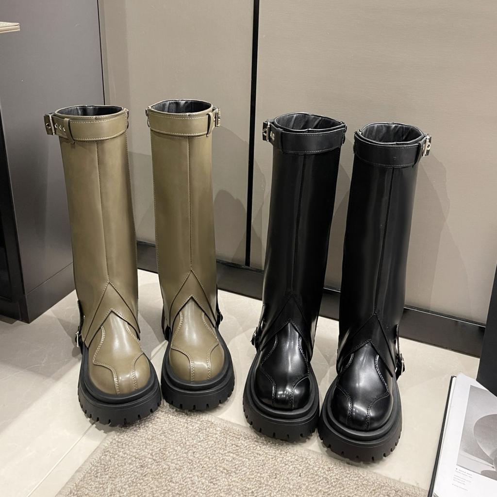 Women Knee High Boots  Autumn and Winter , New British Style Thick Soled Double Leg Boots with Belt Buckles and High Boots