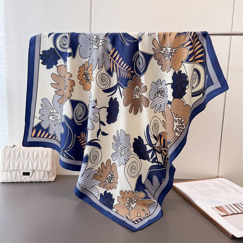 Französische Atmosphäre Simulationsseide Großes Quadratisches Tuch Retro Blumendruck Professionelles Vielseitiges Tuch Diagonales Seidenmuster Tuch Kopftuch Damen