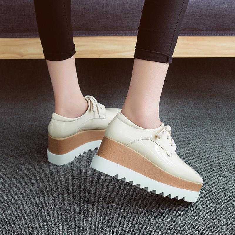 British Platform Muffin Women's New Lace-up Square Head Patent Leather Deep Mouth Single Shoes High Heels Wedges HZB