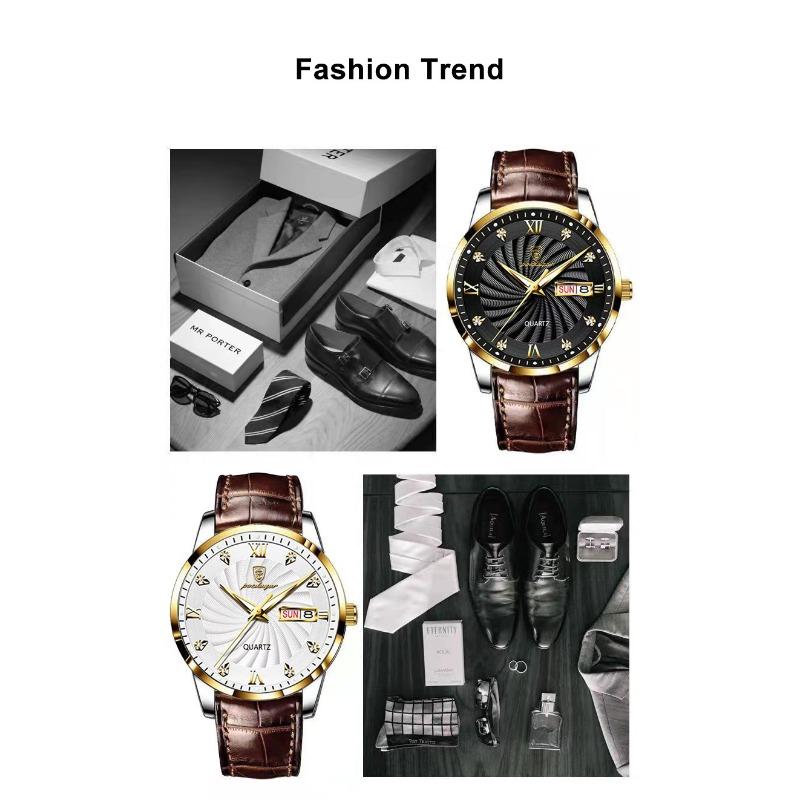 POEDAGAR High Quality Men's Watch Fashion Luxury Casual Belt Leather Strap Date Week Luminous Waterproof Quartz Men Watches+Box