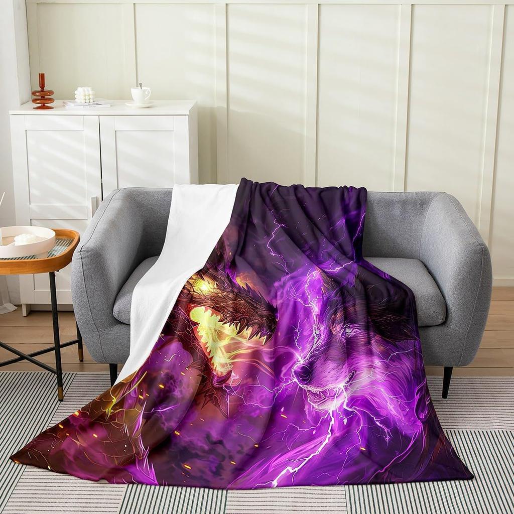 Ice Dragon and Wolf Flannel Printed Blanket Soft Comfortable Bed Blanket Modern Style Themed Decorative Blanket
