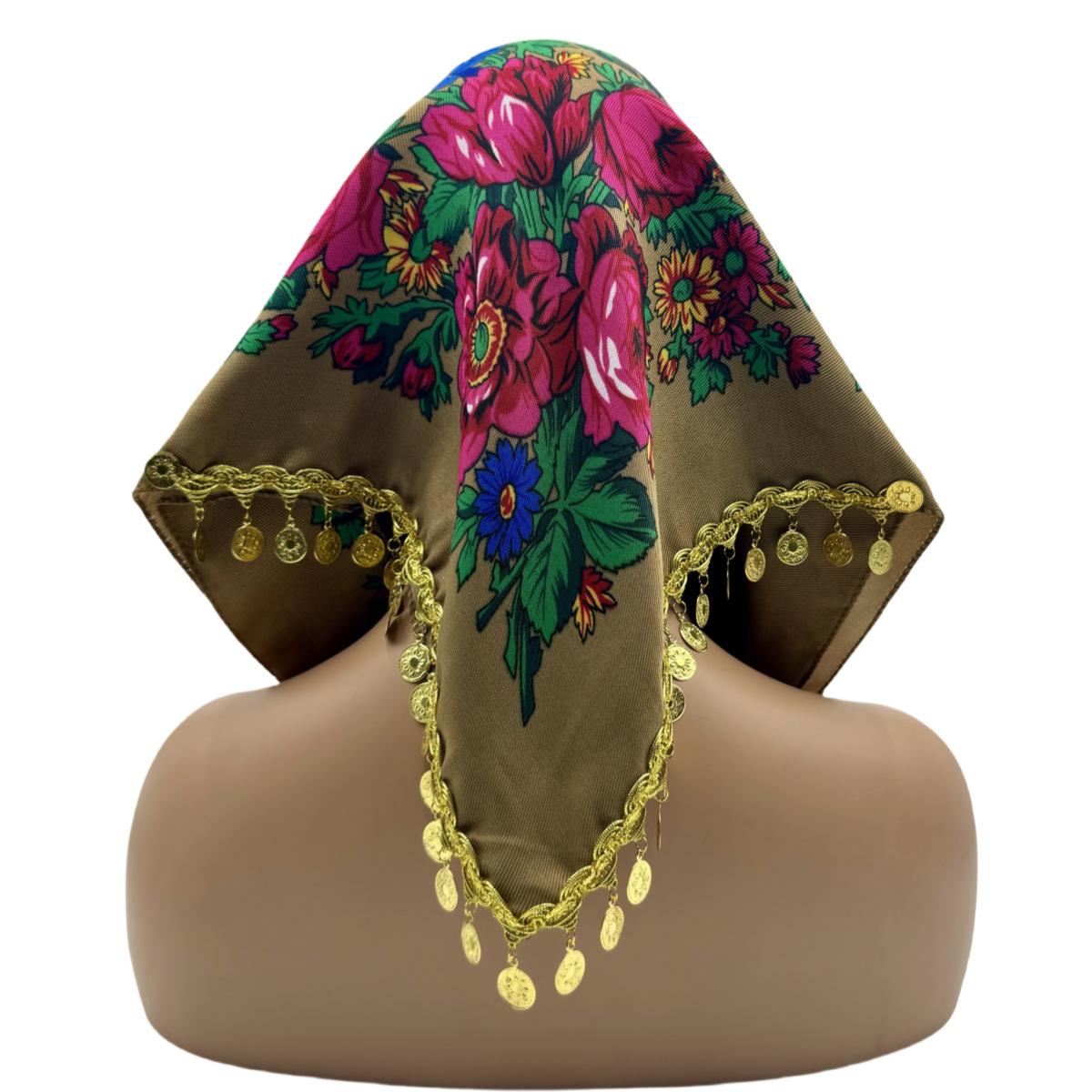 

Baotou Scarf Ethnic Style Big Flower Gold Pendant Tassel Retro Headscarf Dance Performance Headwear 70*70