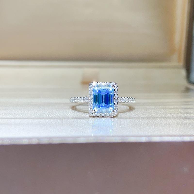 Blue Sapphire Moissanite Ring & Earring Set - Ice Blue Diamond Classic Fashion Style