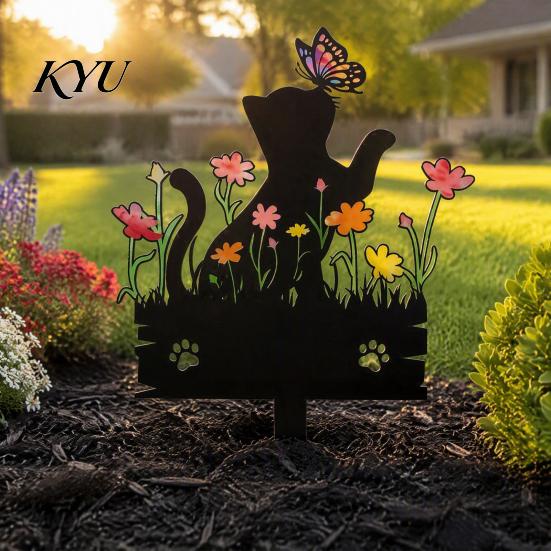 Lawn Animal Silhouette Acrylic Kitten Garden Stake, Decorative Yard Sculpture with Flowers And Outdoor Ornament Butterflies, Waterproof Cat