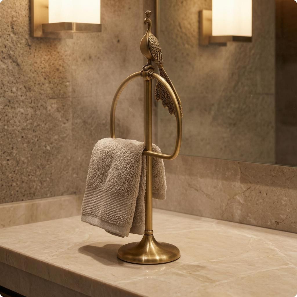 Freestanding Towel Holder PeacockThemed Tabletop Stand Brass