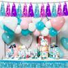 4P Lake Blue Purple-Hot Pink Tassel Banner Garland Metallic Foil Fringe Banner Tel Tassels Streamer Banner Backdrop for Parade Floats,Graduation