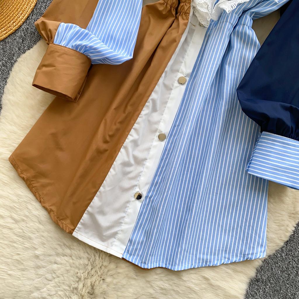 Retro Splicing Style Fake Two-piece Shirt Dress Women's Summer Long-sleeved Striped Waist Light Ripe Medium and Long Commuter Skirt