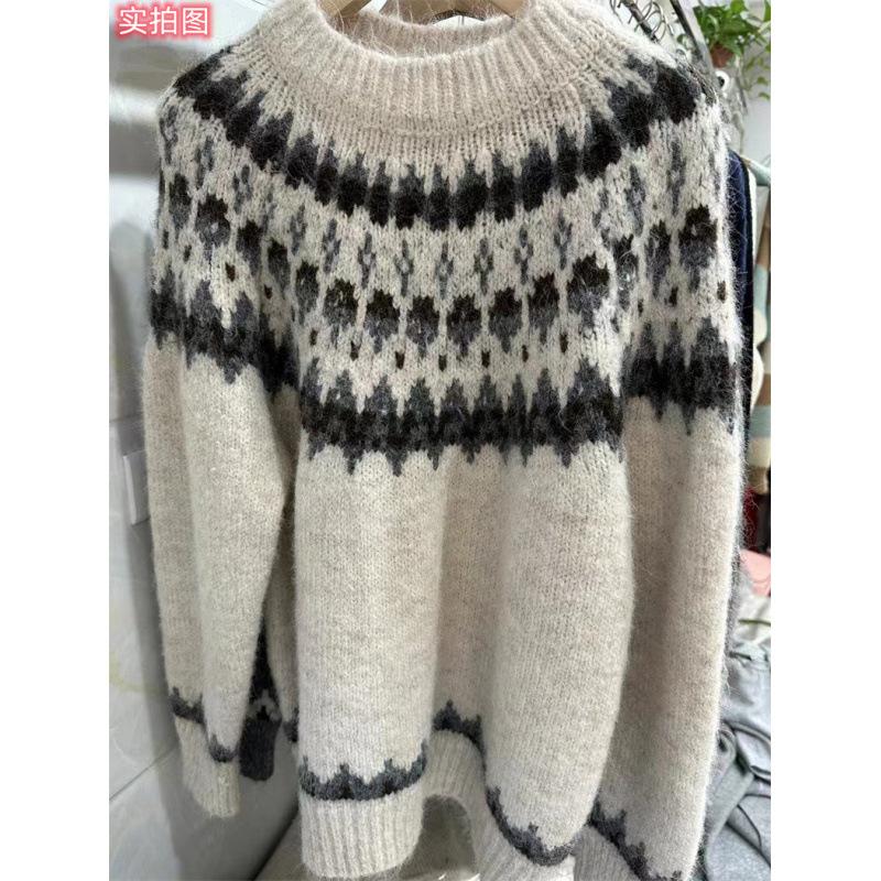 U Fair Island soft waxy loose casual sweater women's autumn and winter lazy wind thickened alpaca hair contrasting color knitted sweater
