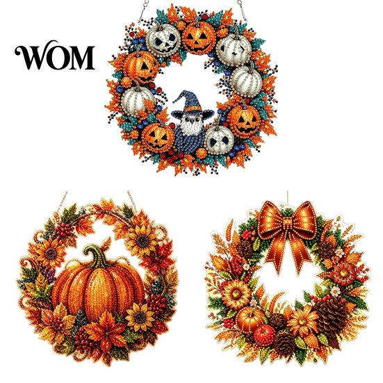Decorative Holiday Accent Fall Pumpkin Sunflower Wreath Hanging Decor, Acrylic Hand Painted Transparent Pattern Ornament Window Ornament, Thanksgiving