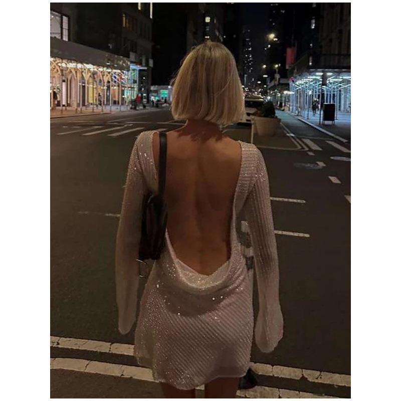 European and American new party sequin dress casual fashion hip-wrapped women's long-sleeved backless dress