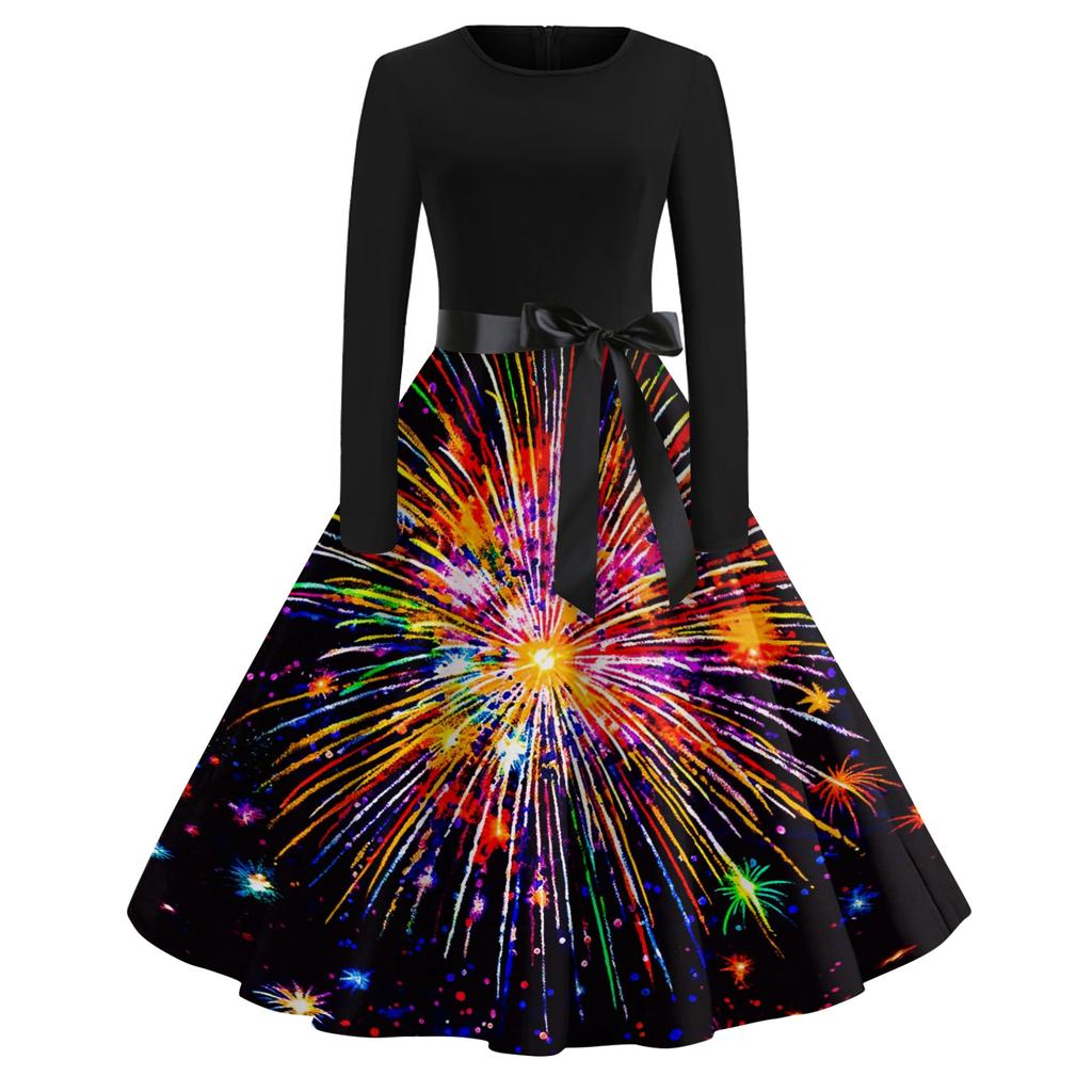 Women's Casual Fashion Round Neck Long Sleeve New Year Printed Retro Dress