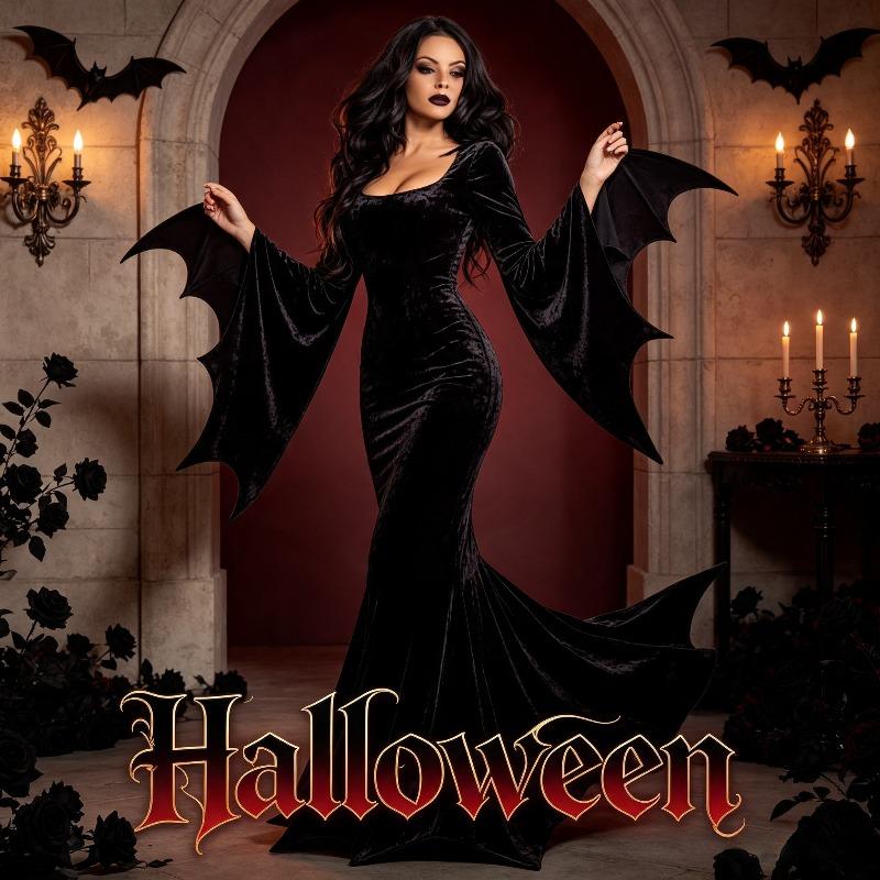 Gothic Vampire Witch Ghost Bride Long Dress Costume,Adult Halloween Cosplay Role Play Outfit,Masquerade Ball Stage Show Gown