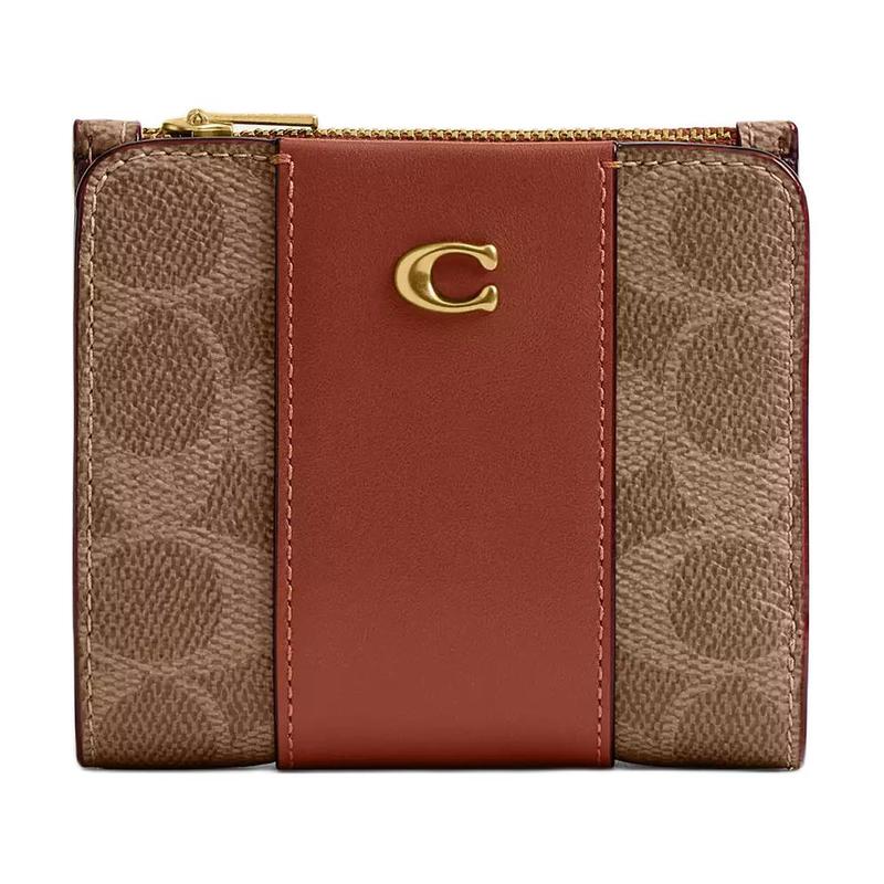 COACH EssentialBillfold Wallet 11 Snap closure Coated canvas and calfskin Wallet Women s Brass + Tan + Caramel Brass with tan and caramel color коричневый