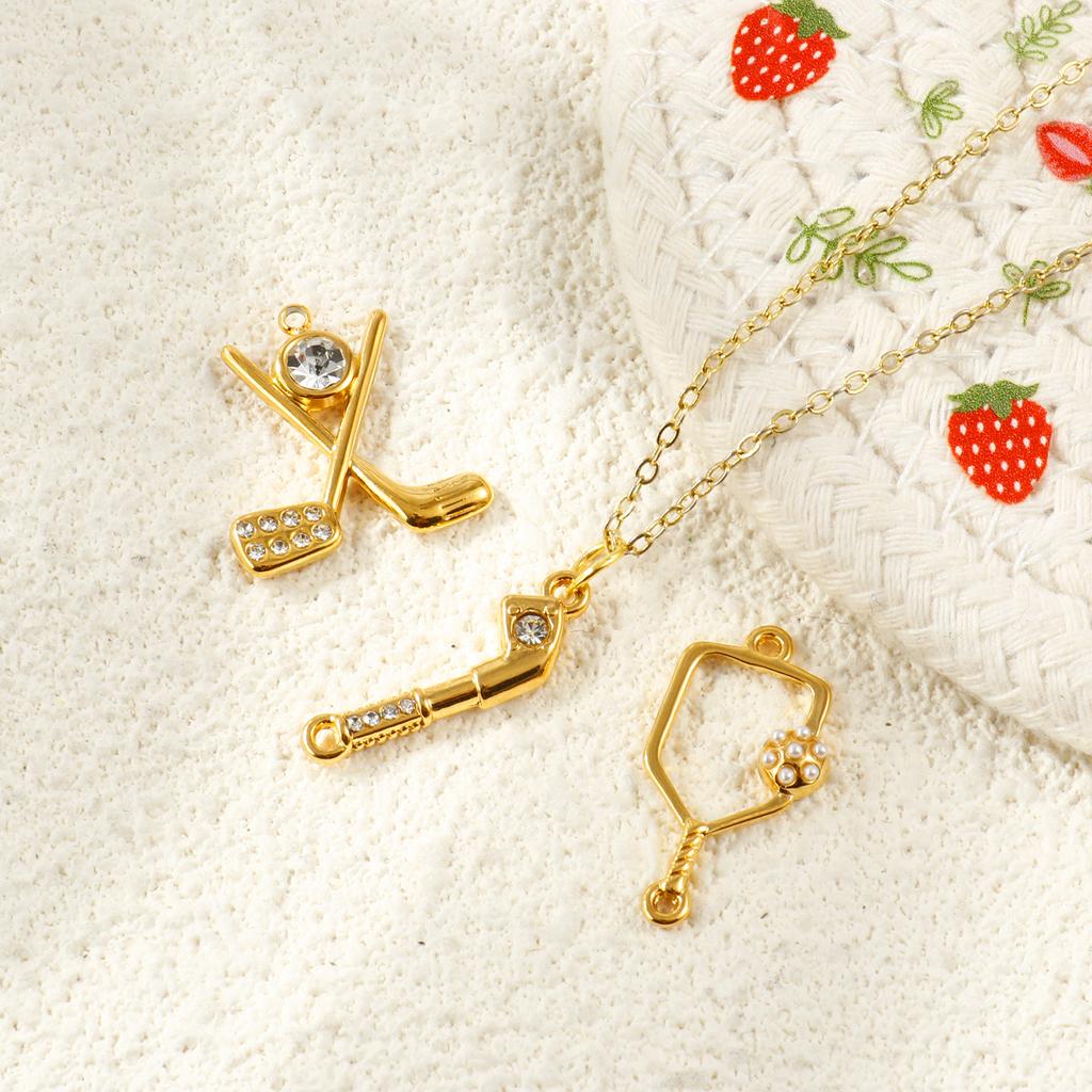 2Pcs Sport Connector Charms Cubic Zirconia Pendants Pickleball Paddle Golf Club 304 Stainless Steel 18k Gold Plated DIY Necklace