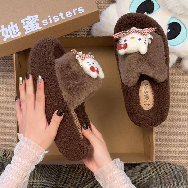 Fleece Warm Fluffy Slippers One-word Drag Internet Celebrity Fashion Cartoon Hello Kitty Cotton Slippers Women's 2025 Autumn and Winter New