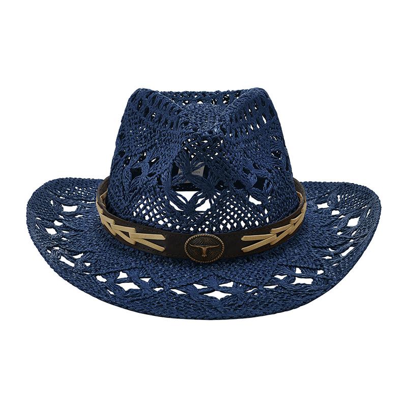 Western Style Hollowed Straw Hat Men Women Cowgirl Hats Summer Breathable Beach Caps Stylish Holiday Wide Brim Sun Cap