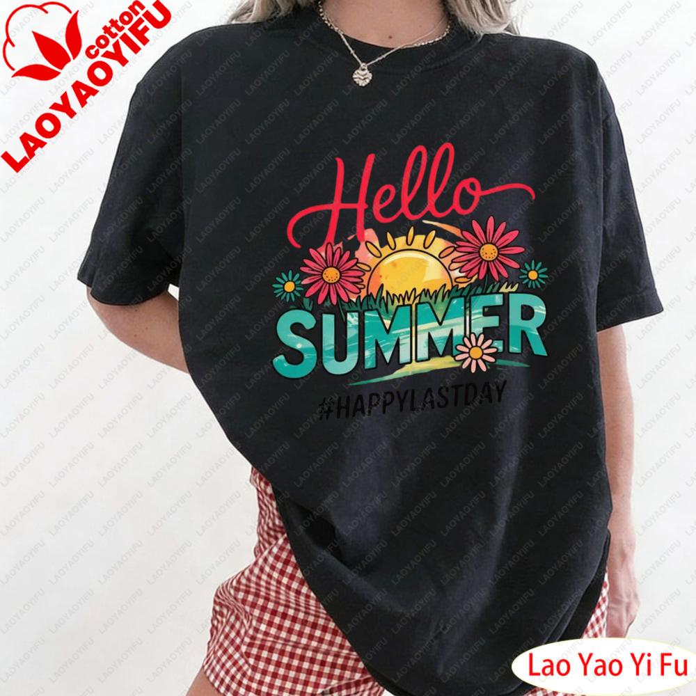 Hello Summer Happy Last Day of School Teacher Student TShirt Lifestyle Enthusiast Tops Colorful Flower Prints Clothes