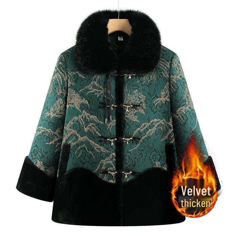 

Women s Plus-Velvet Printed Tang Suit Jacket, 2025: Warm, Loose Cotton-Padded Outerwear for Mothers & Grandmothers. 5XL (145-155 jin) зелений