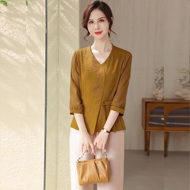 Elegant Chiffon Blouse for Mothers: Summer Style, Seven-Sleeve, for Women 50+ 4XL (suggested 145-160jin)