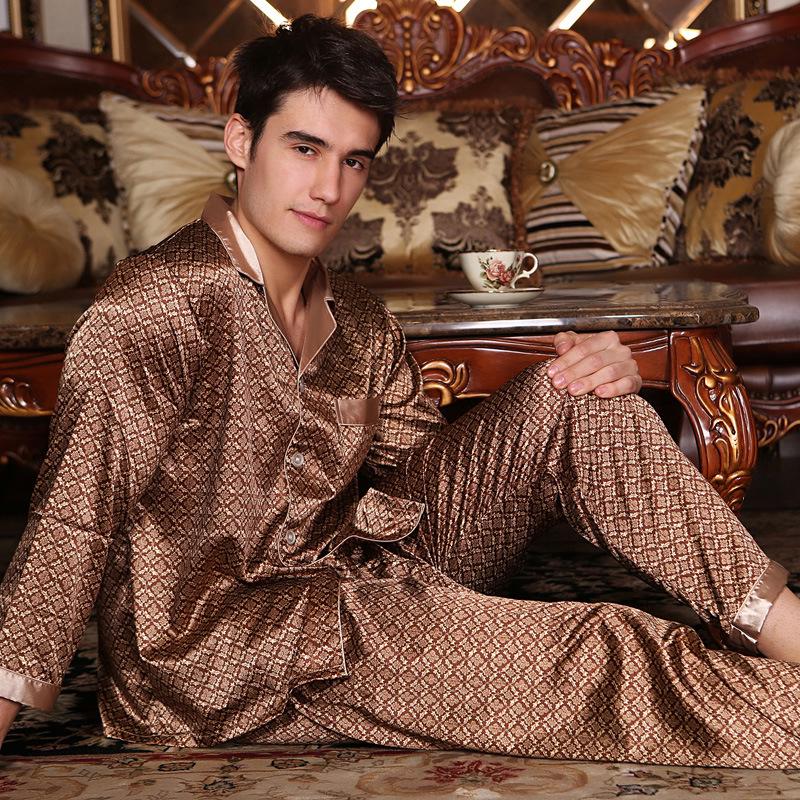 Men's Silk Long Sleeve Pajamas Set: Spring to Autumn, Lightweight, Loose, and Comfortable Homewear.
