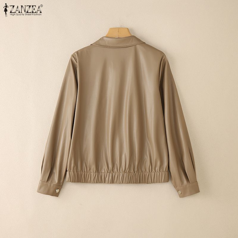 ZANZEA Damska codzienna jesienna kurtka z długim rękawem ze sztucznej skóry PU